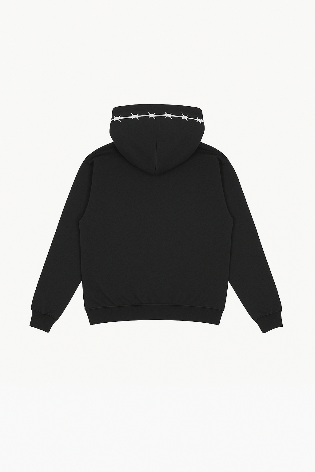 BLACK HOODIE WITH WHITE EMBROIDERED BARBED WIRE AND LOGO