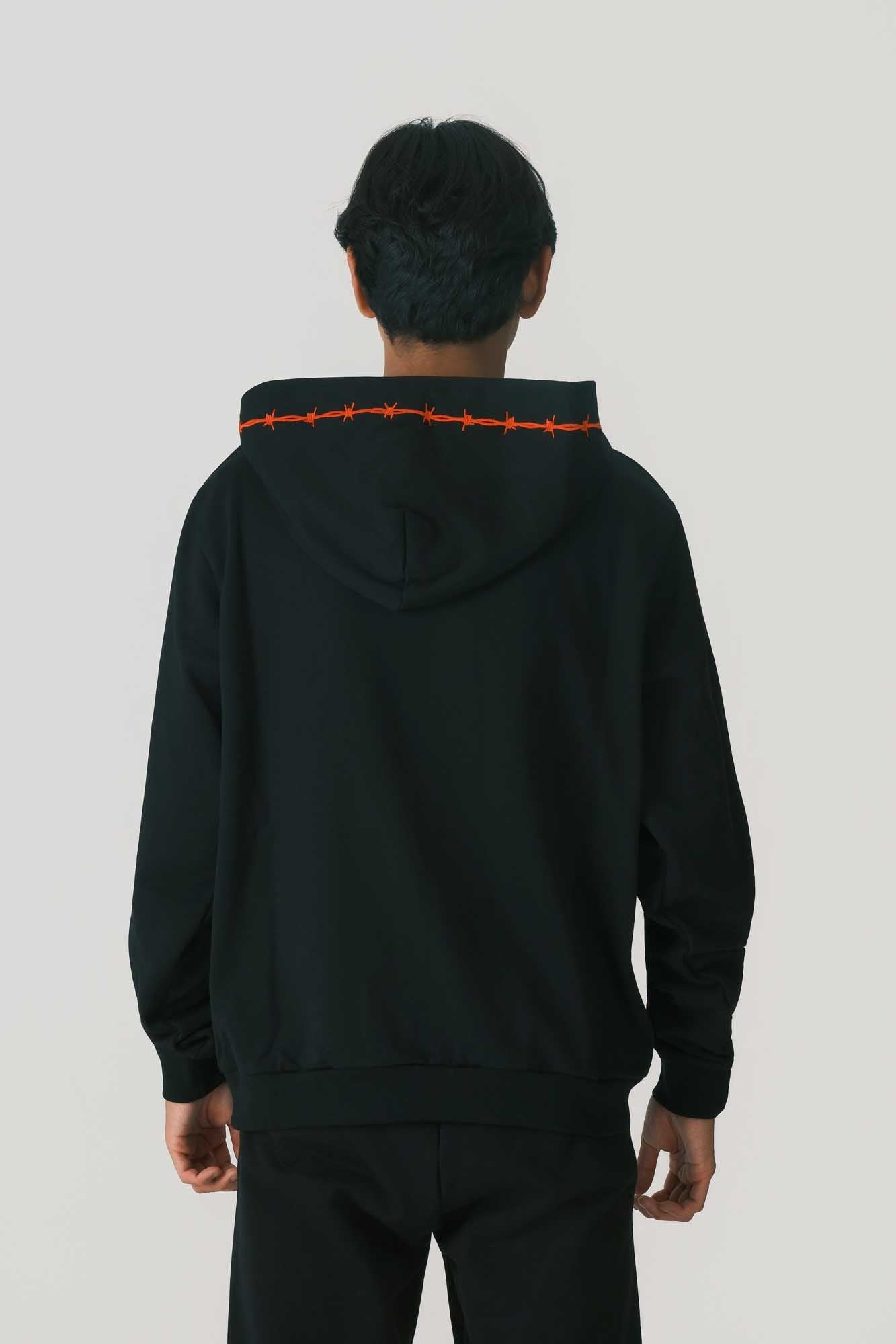 BLACK HOODIE WITH RED EMBROIDERED BARBED WIRE