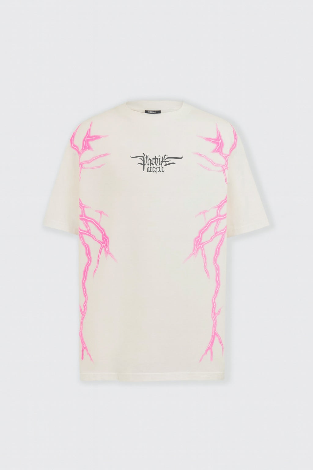 WHITE T-SHIRT WITH LATERAL PINK LIGHTNING PRINT AND EMBROIDERY GOTHIC LOGO