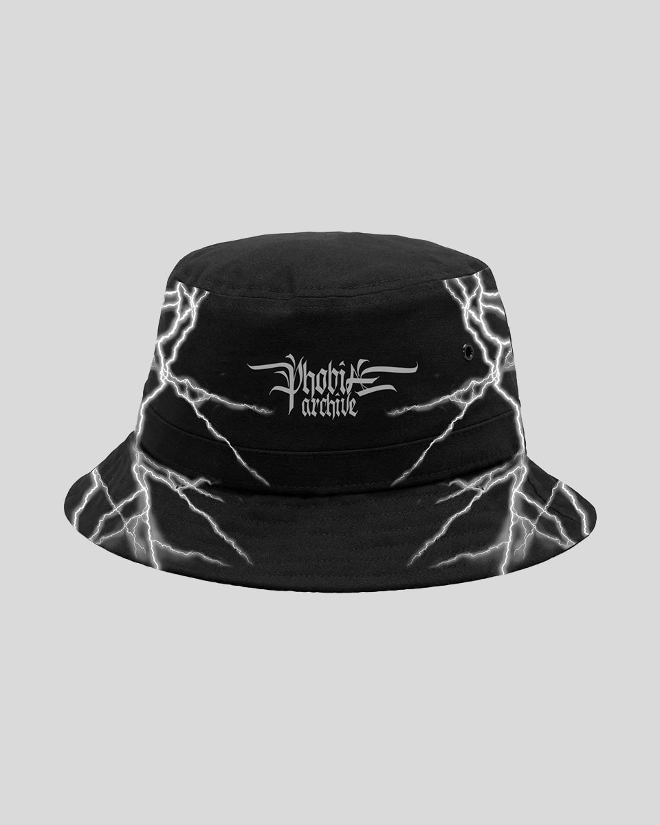 BLACK BUCKET CAP WITH WHITE LIGHTNING PRINT