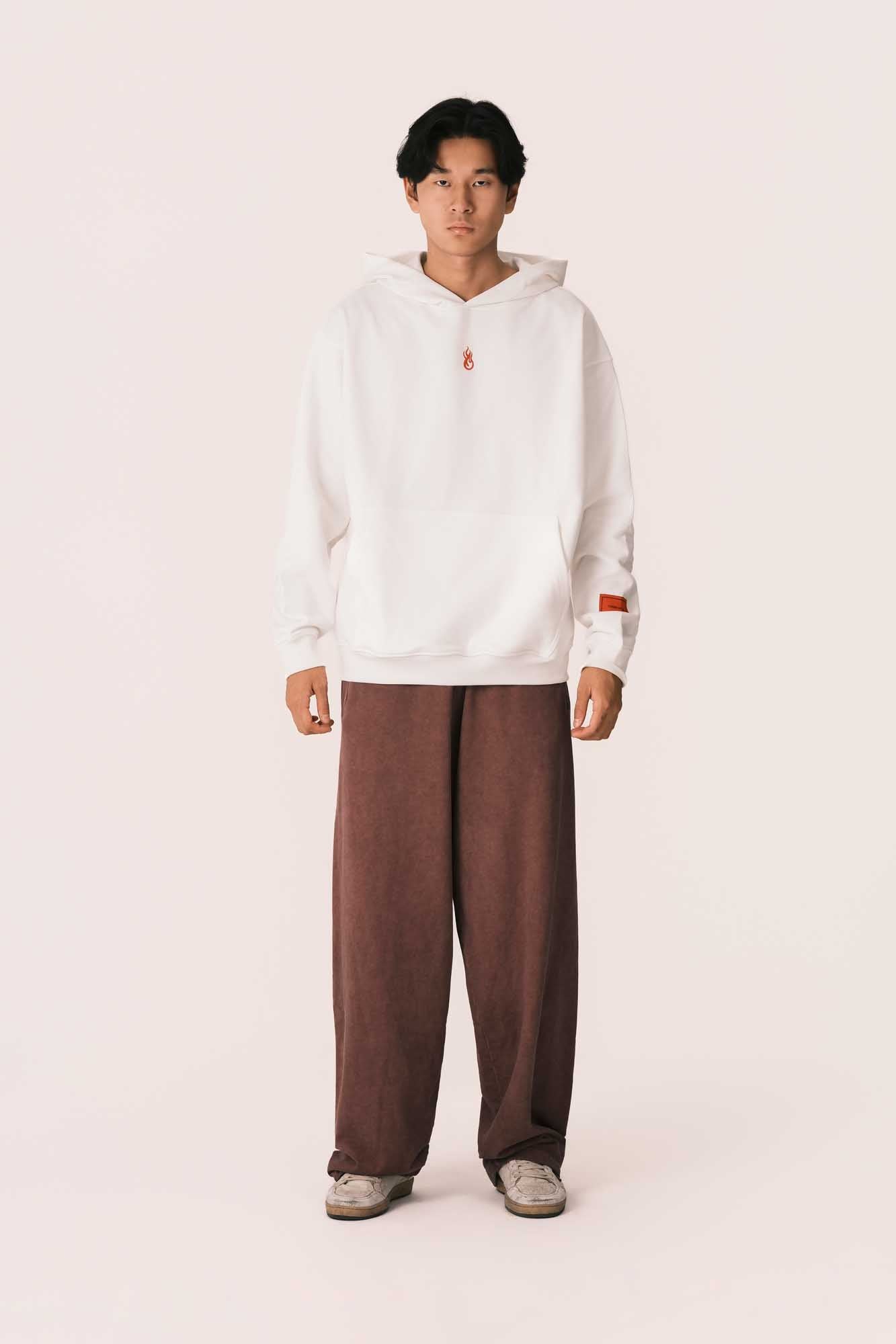 WHITE HOODIE WITH EMBROIDERED FLAME