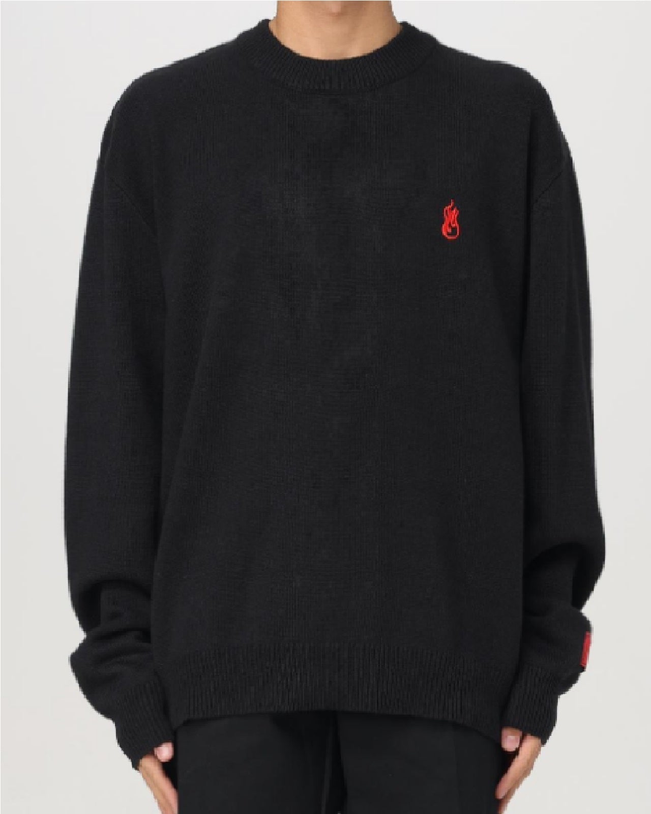 BLACK SWEATER WITH RED FLAME AND PRINTED LOGO