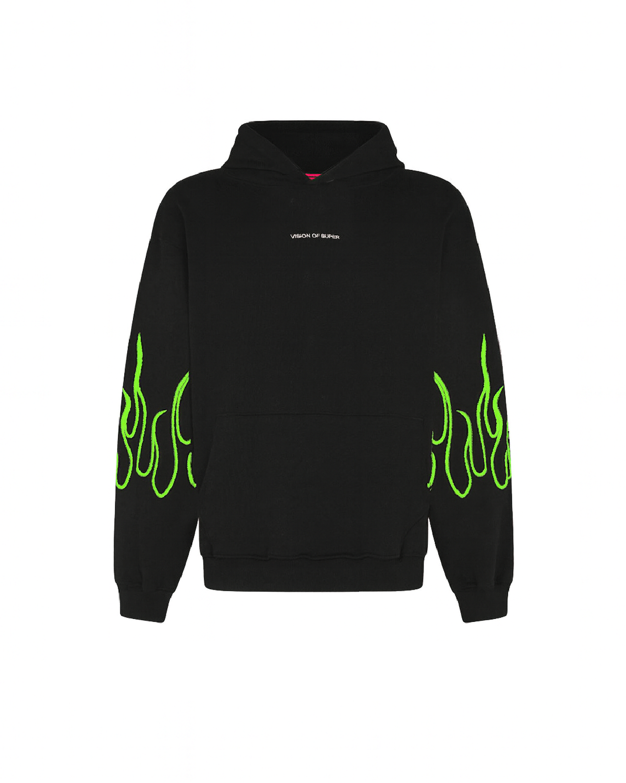 BLACK HOODIE WITH EMBROIDERED GREEN FLAMES, WHITE LOGO AND METAL BUTTON