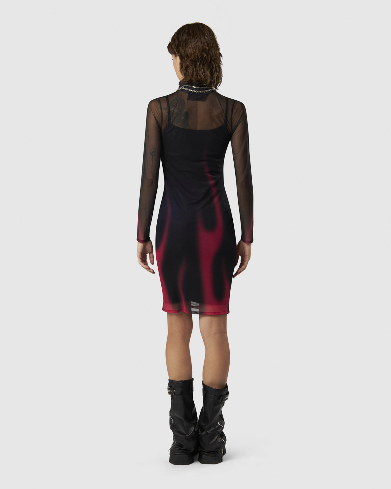 BLACK MIDI DRESS WITH PINK FLAMES