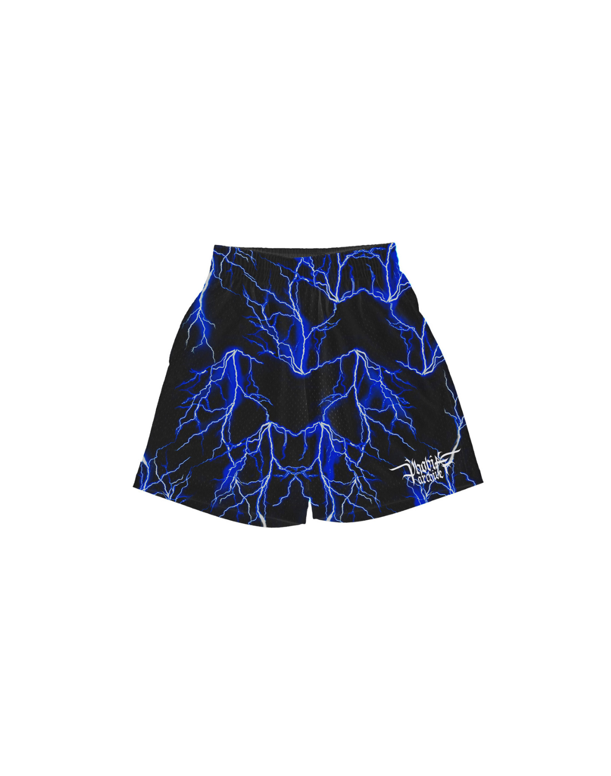 BLACK BASKET SHORTS WITH BLUE LIGHTNING ALL OVER AND EMBROIDERED LOGO