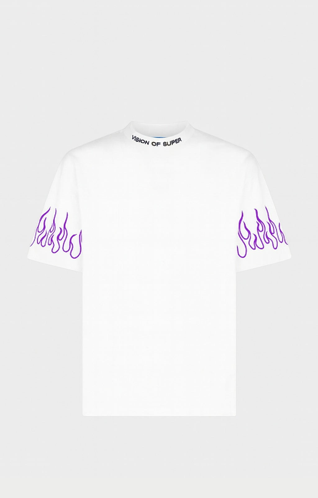 OFF WHITE T-SHIRT WITH EMBROIDERED PURPLE FLAMES AND BLACK LOGO