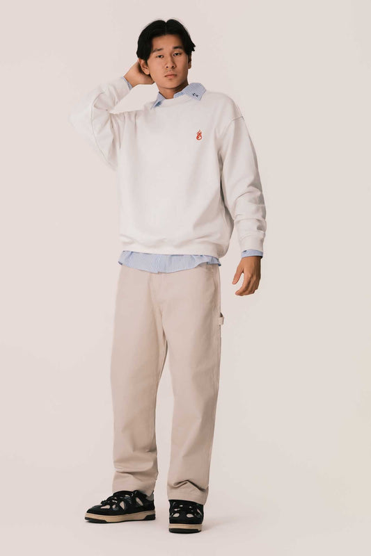 OFFWHITE CREWNECK WITH EMBROIDERED FLAME