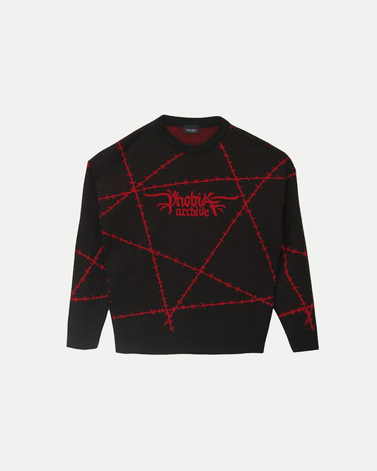 BLACK SWEATER WITH RED BARBED WIRE JACQUARD