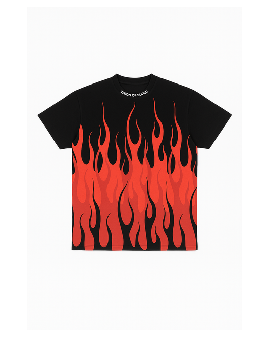 BLACK T-SHIRT WITH REVERSED RED FLAMES