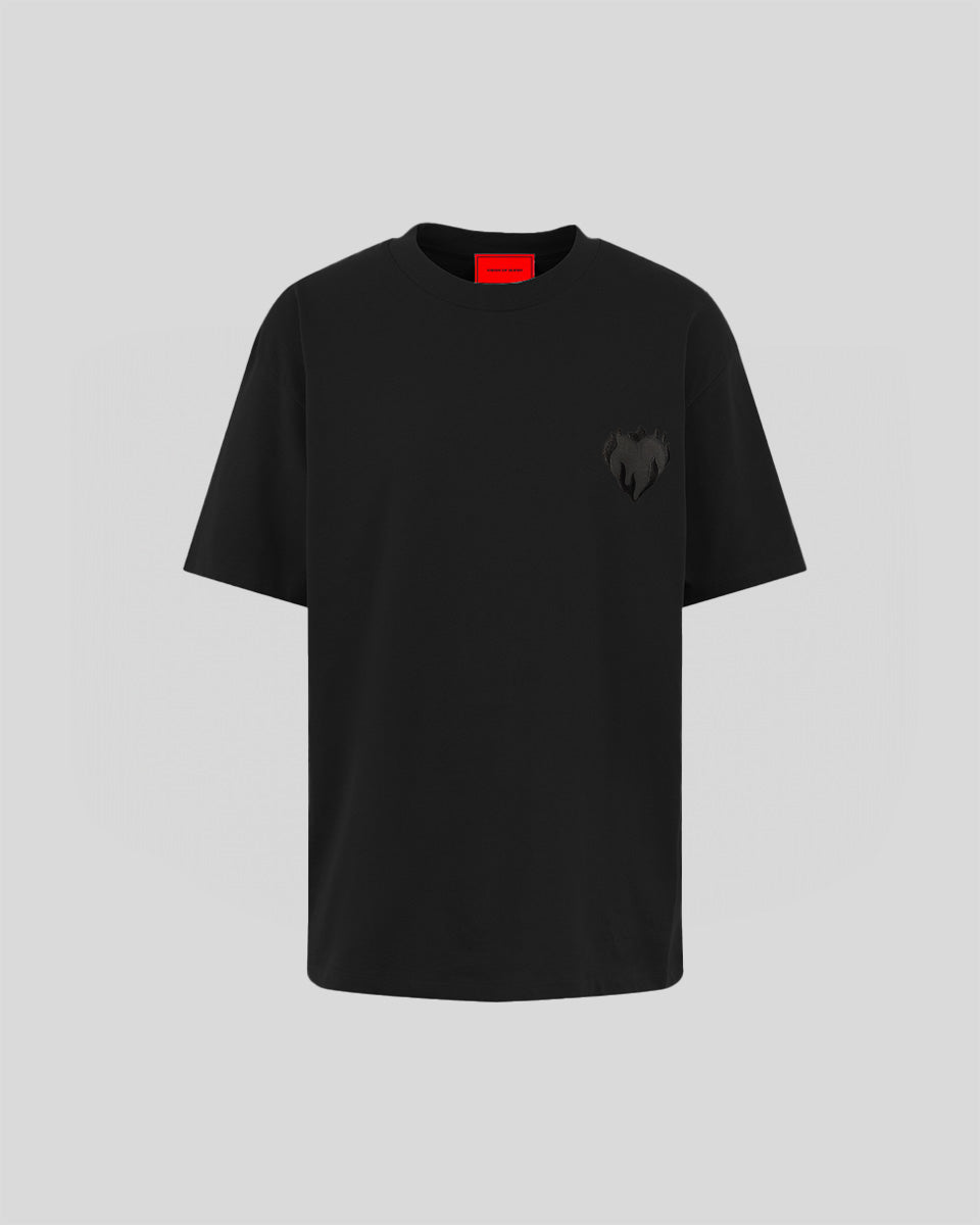 BLACK T-SHIRT WITH EMBROIDERED FLAMING HEART
