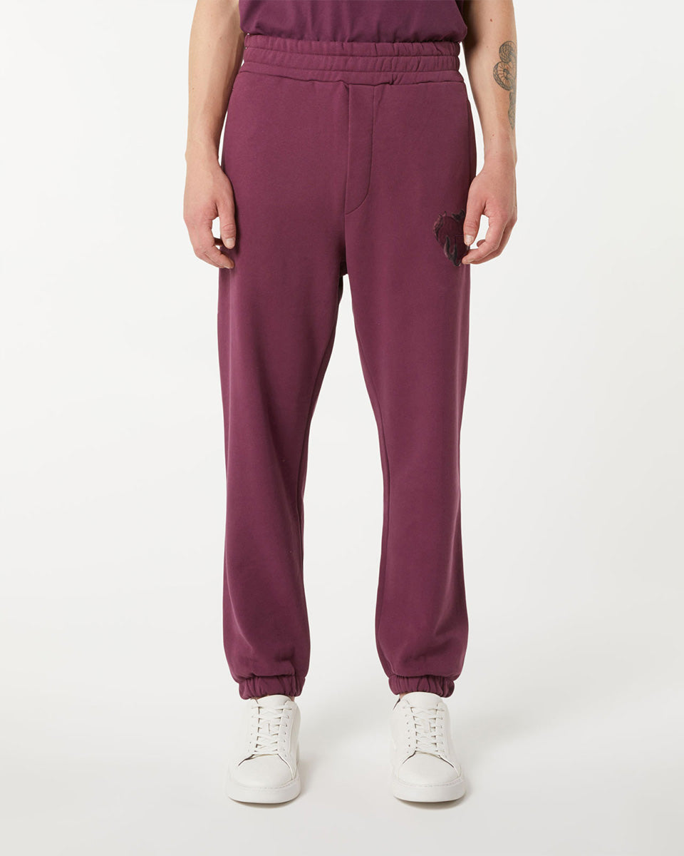 GRAPE WINE PANTS WITH EMBROIDERED FLAMING HEART
