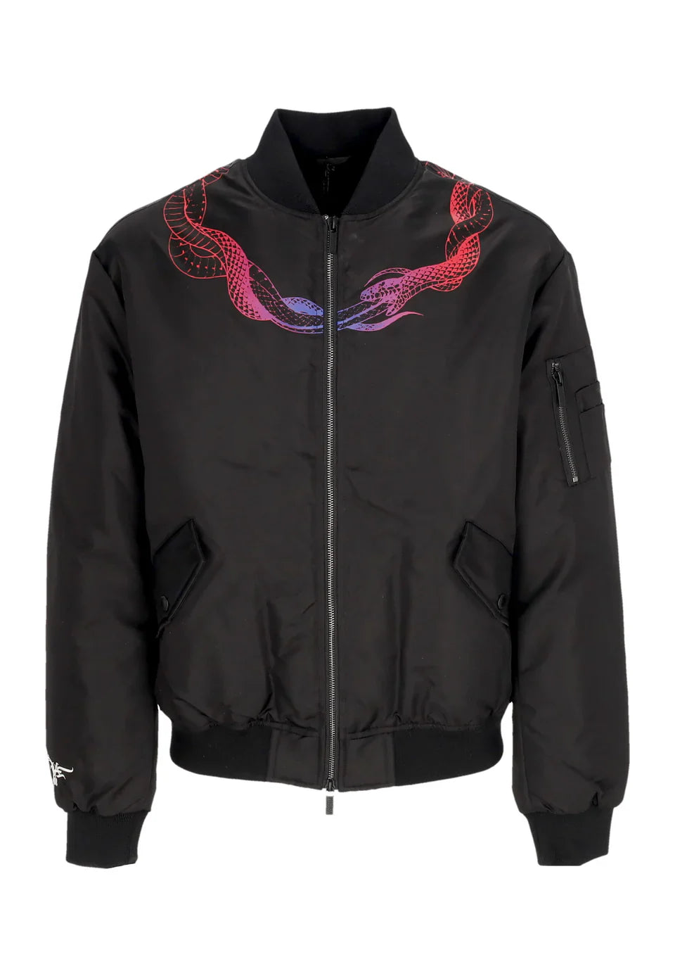 BLACK BOMBER WITH BLUE/RED CIRCLE SNAKE PRINT AND METAL LABEL