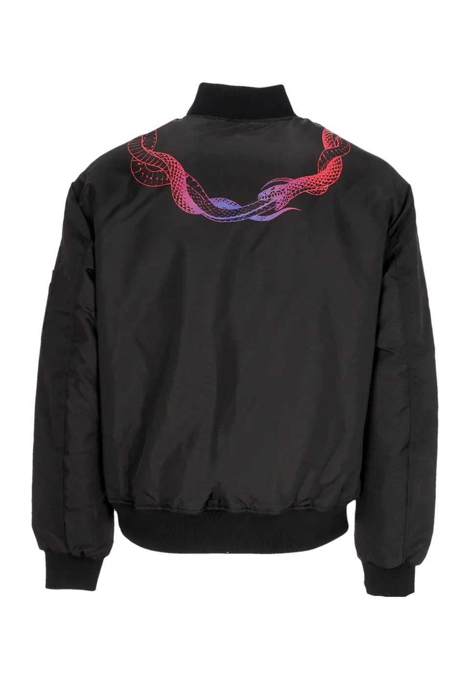 BLACK BOMBER WITH BLUE/RED CIRCLE SNAKE PRINT AND METAL LABEL