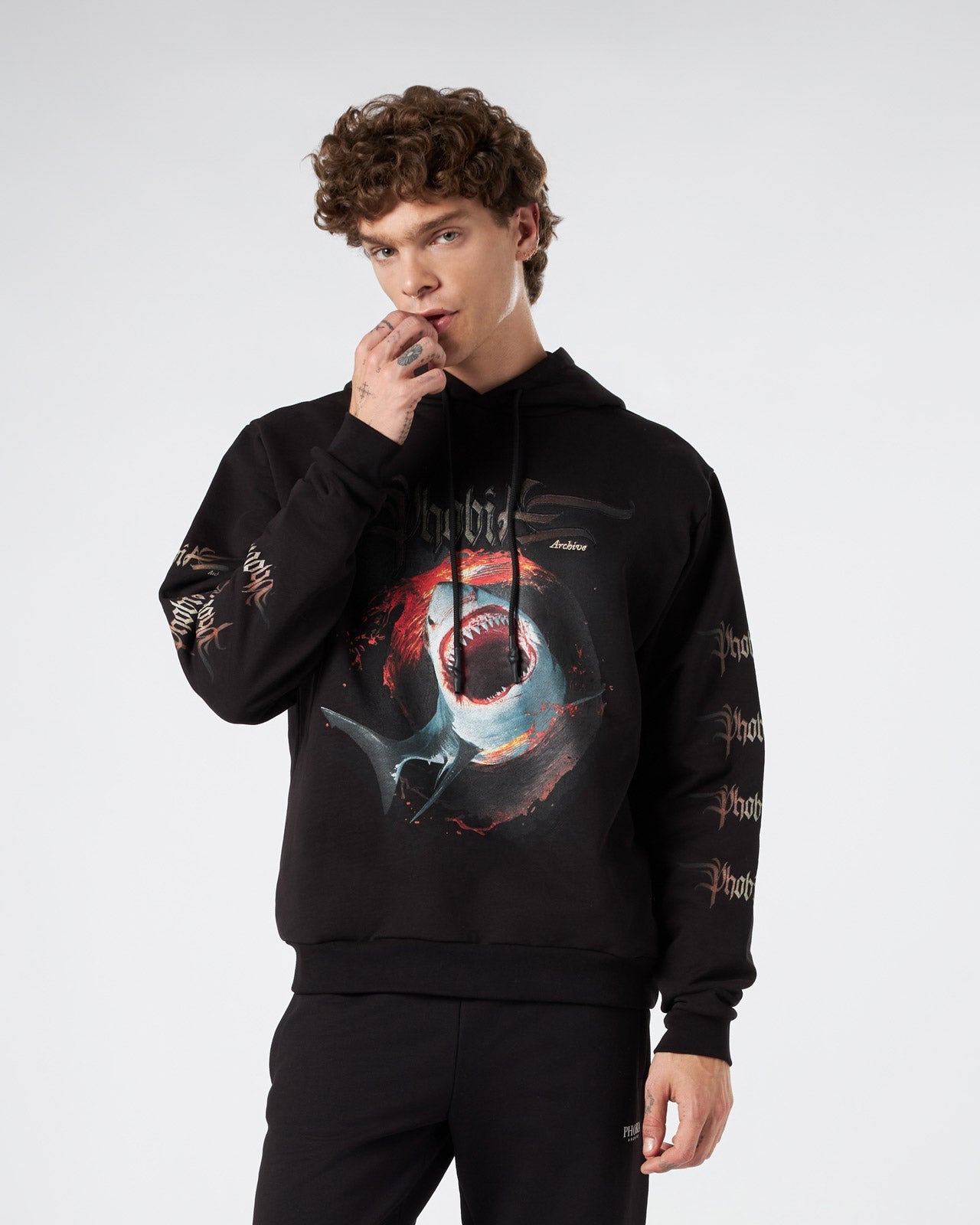BLACK HOODIE WITH SHARK PRINT