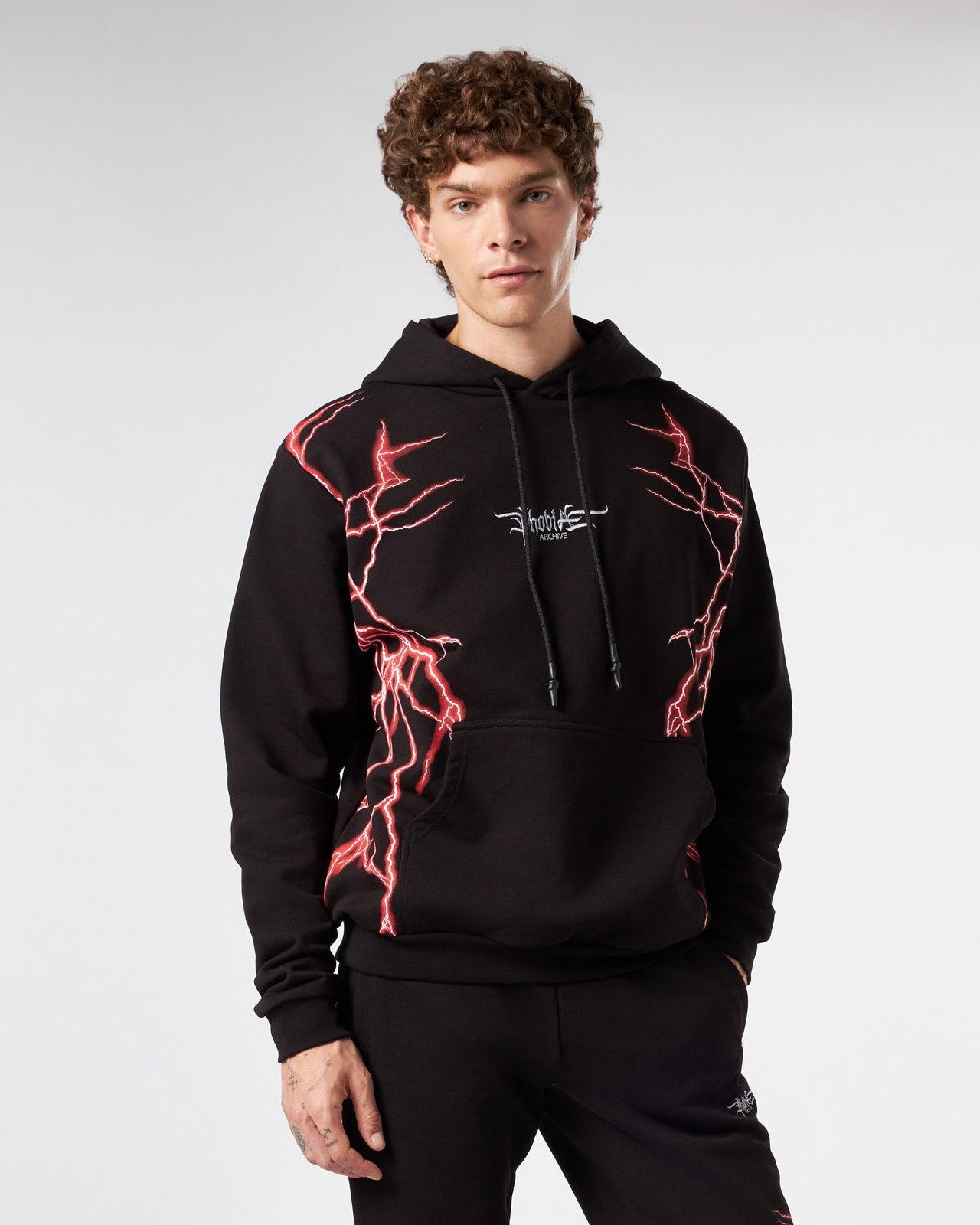 BLACK HOODIE WITH LIGHTNING RED PRINT