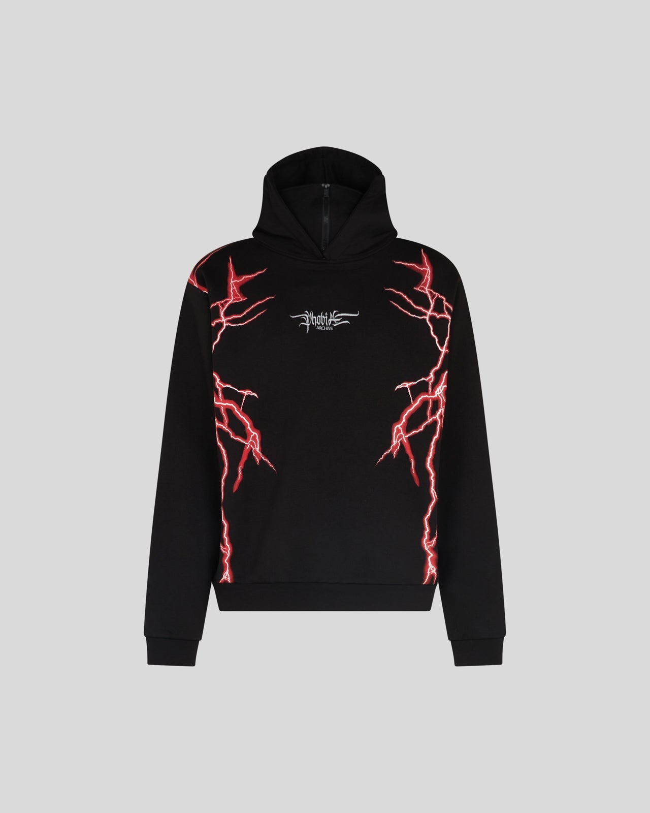BLACK BALACLAVA HOODIE WITH LIGHTNING RED PRINT