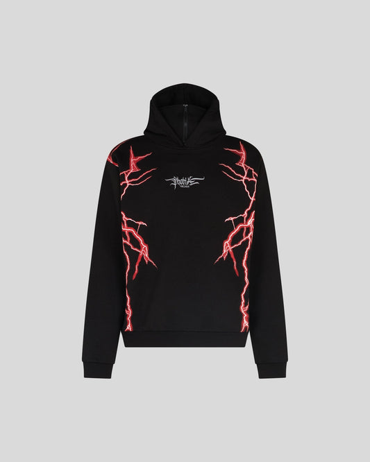 BLACK BALACLAVA HOODIE WITH LIGHTNING RED PRINT