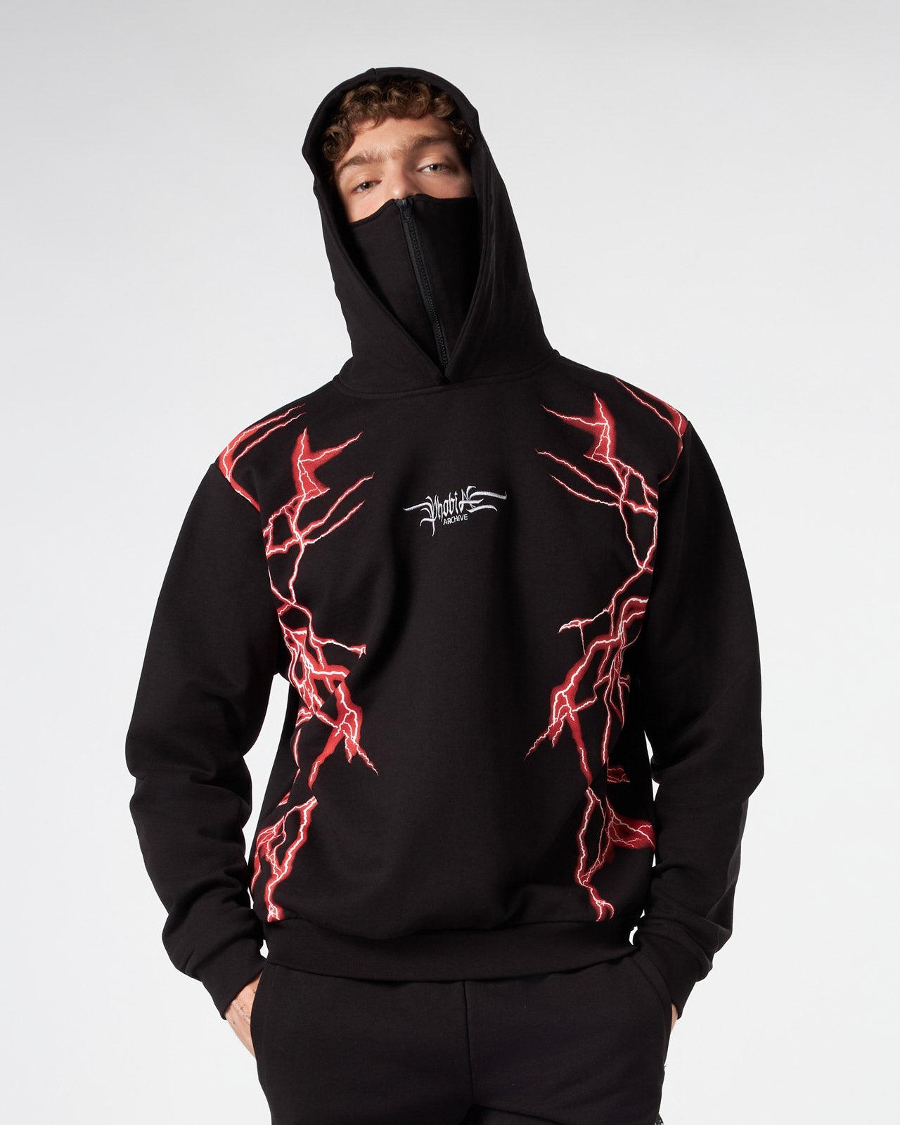 BLACK BALACLAVA HOODIE WITH LIGHTNING RED PRINT
