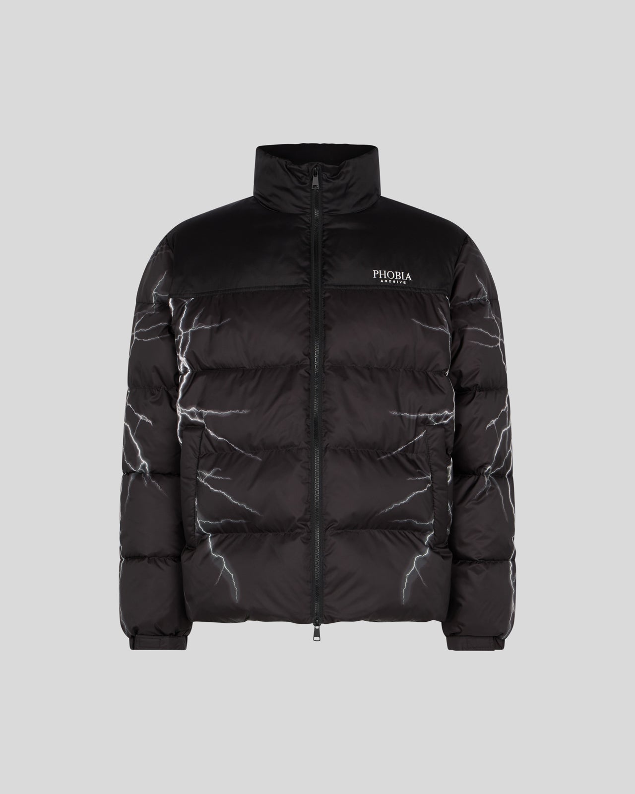 BLACK PUFFER JACKET WITH GREY LIGHTNING PRINT