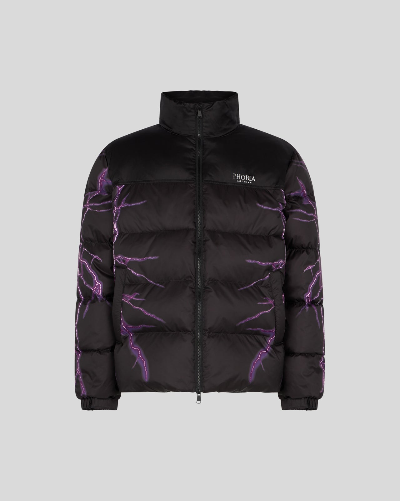 BLACK PUFFER JACKET WITH PURPLE LIGHTNING PRINT