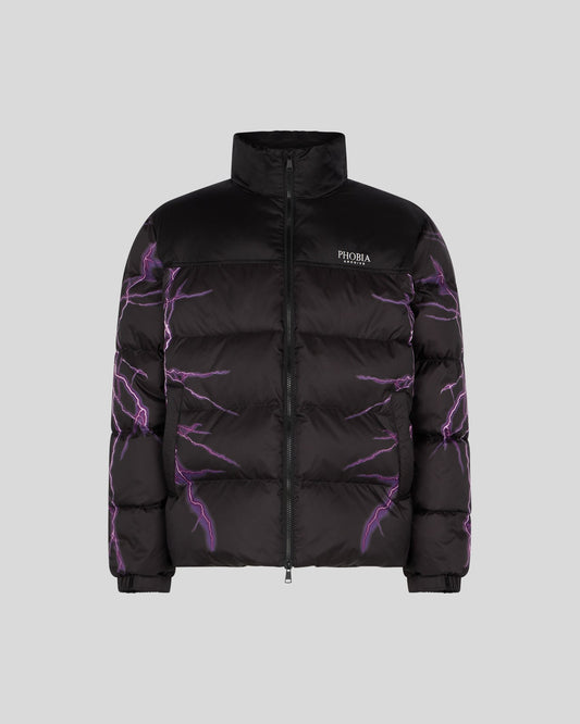 BLACK PUFFER JACKET WITH PURPLE LIGHTNING PRINT