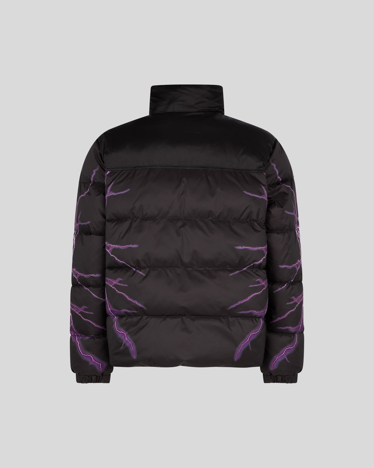 BLACK PUFFER JACKET WITH PURPLE LIGHTNING PRINT