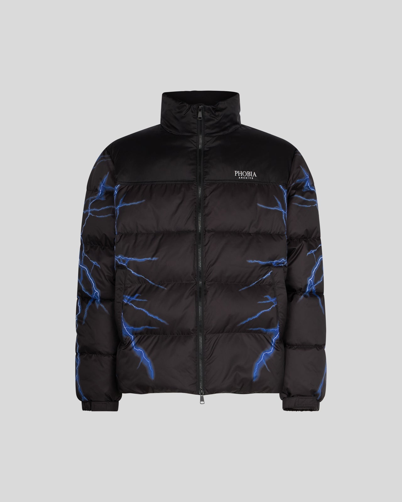 BLACK PUFFER JACKET WITH BLUE LIGHTNING PRINT