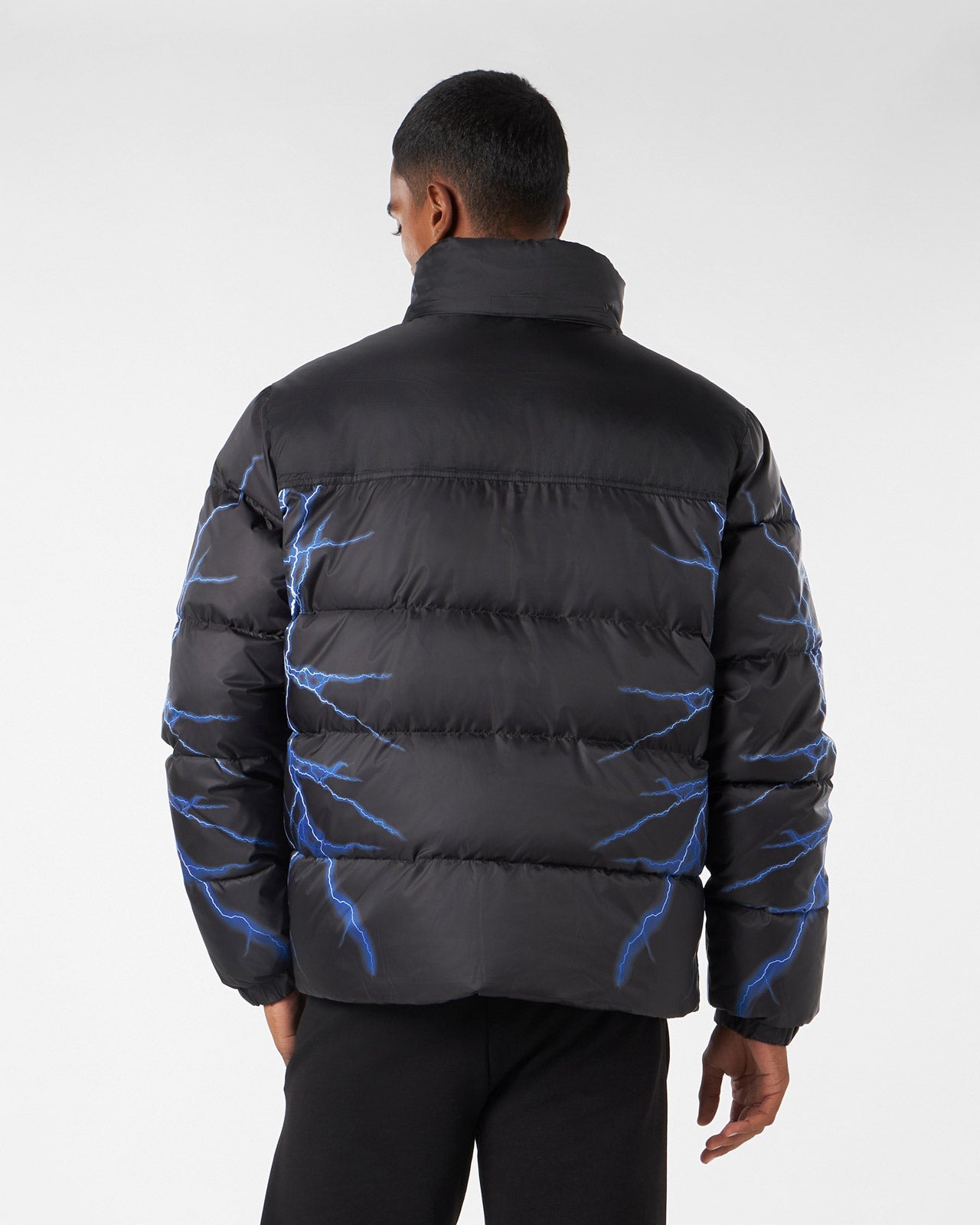 BLACK PUFFER JACKET WITH BLUE LIGHTNING PRINT