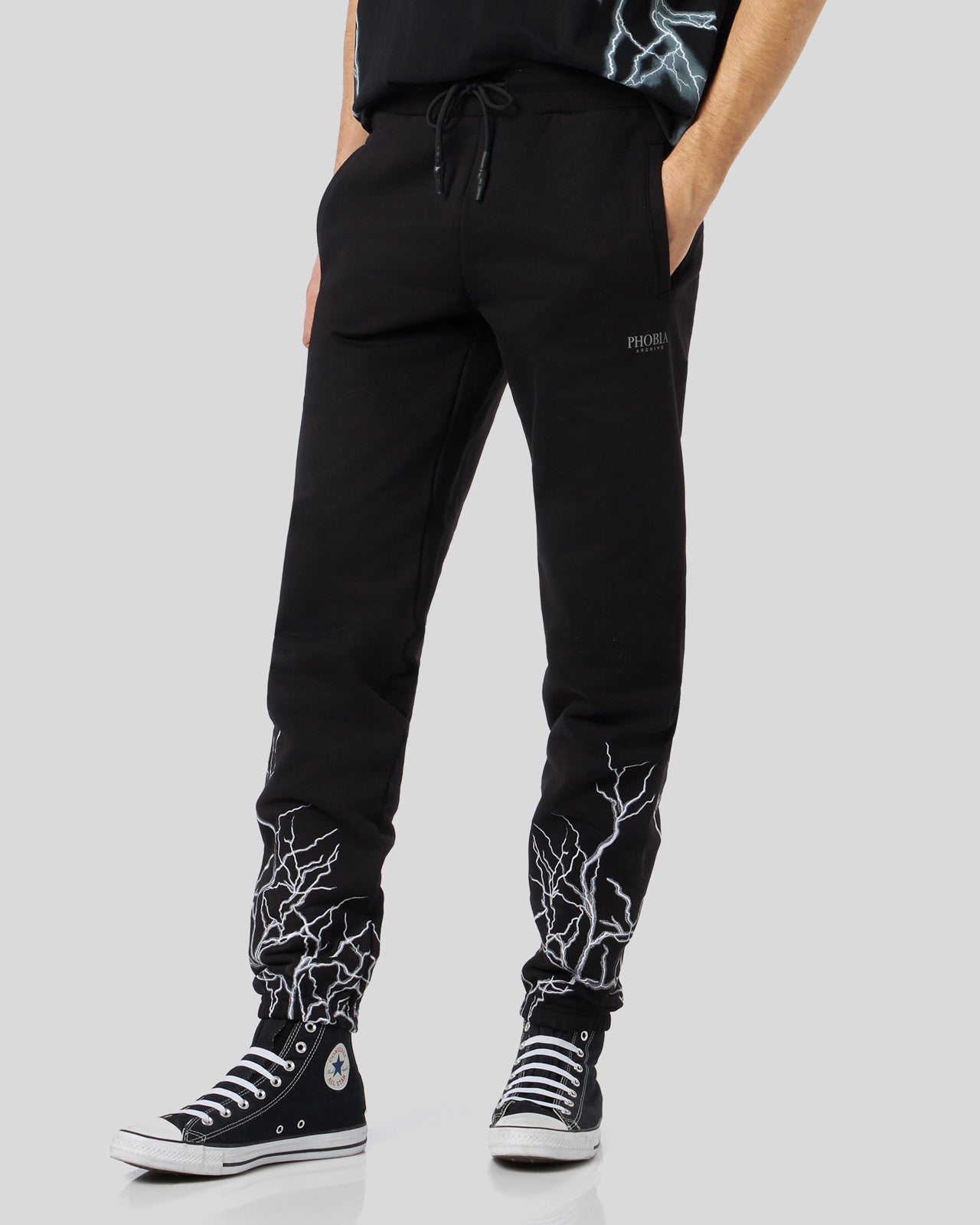 BLACK PANTS WITH GREY EMBROIDERY LIGHTINING