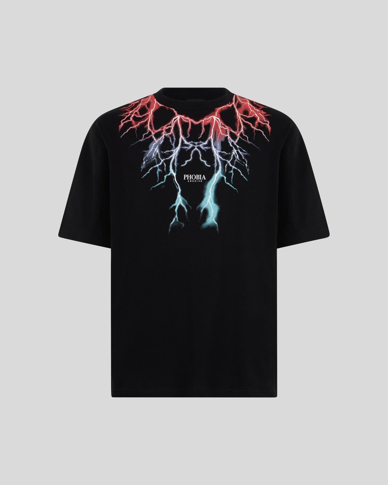 BLACK T-SHIRT WITH BICOLOR RED-BLUE LIGHTNING PRINT
