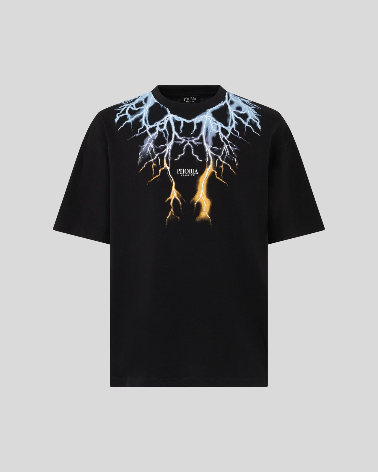 BLACK T-SHIRT WITH BICOLOR BLUE-YELLOW LIGHTNING PRINT