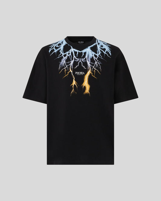 BLACK T-SHIRT WITH BICOLOR BLUE-YELLOW LIGHTNING PRINT