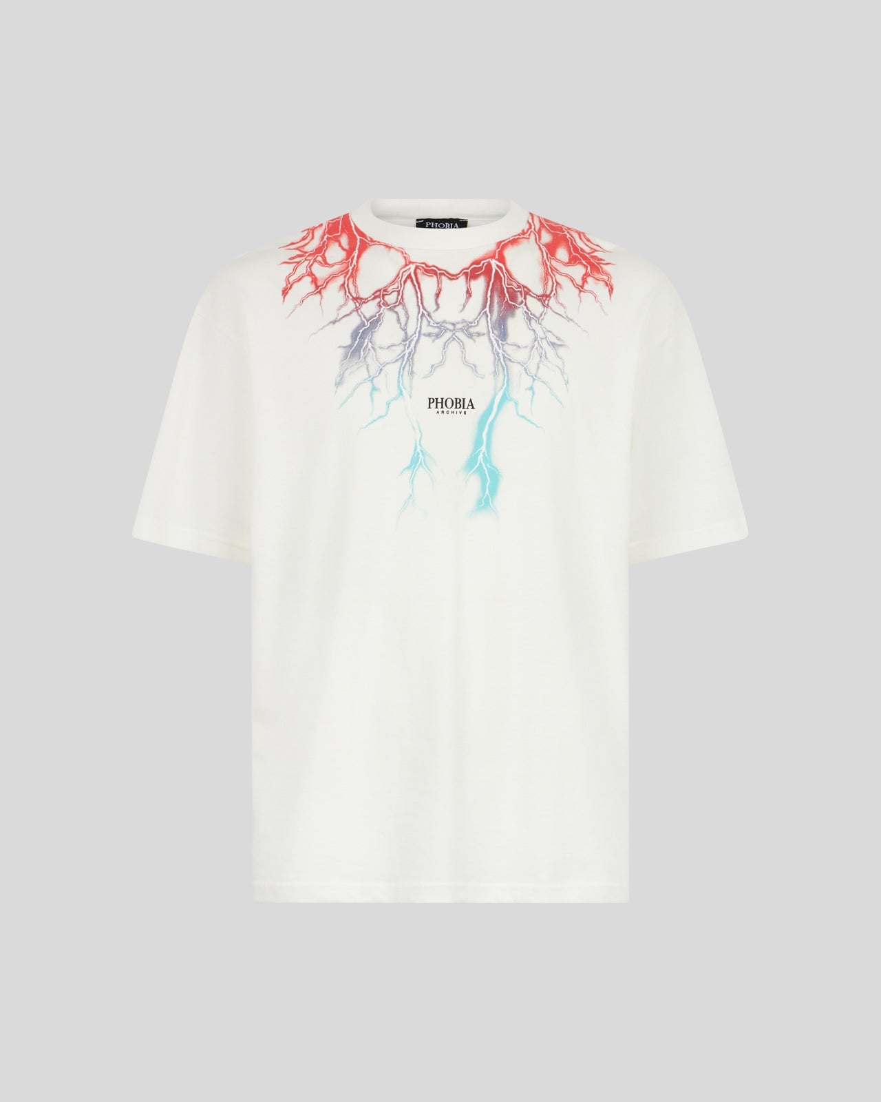 WHITE T-SHIRT WITH BICOLOR RED-BLUE LIGHTNING PRINT