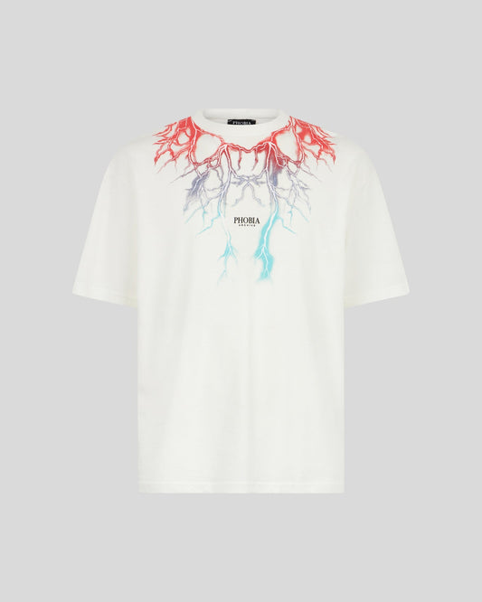 WHITE T-SHIRT WITH BICOLOR RED-BLUE LIGHTNING PRINT