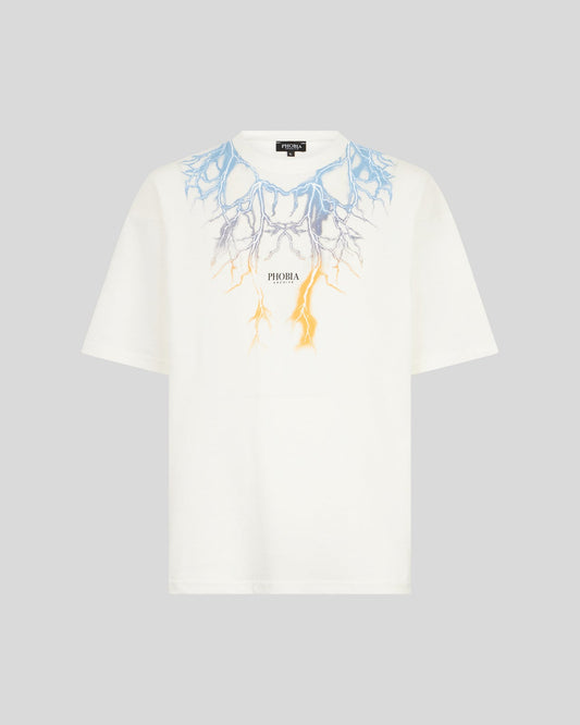 WHITE T-SHIRT WITH BICOLOR BLUE-YELLOW LIGHTNING PRINT