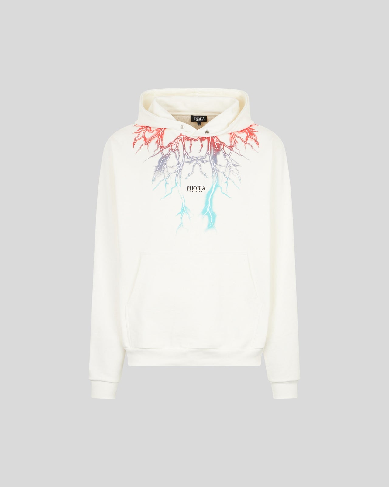 WHITE HOODIE WITH BICOLOR RED-BLUE LIGHTNING PRINT