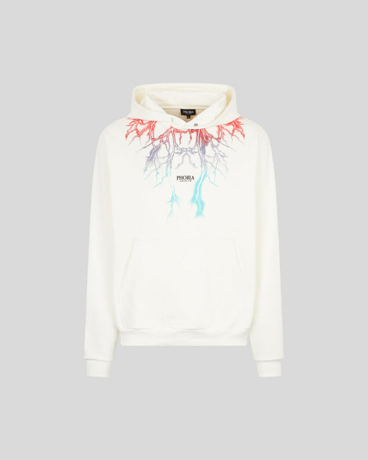 WHITE HOODIE WITH BICOLOR RED-BLUE LIGHTNING PRINT