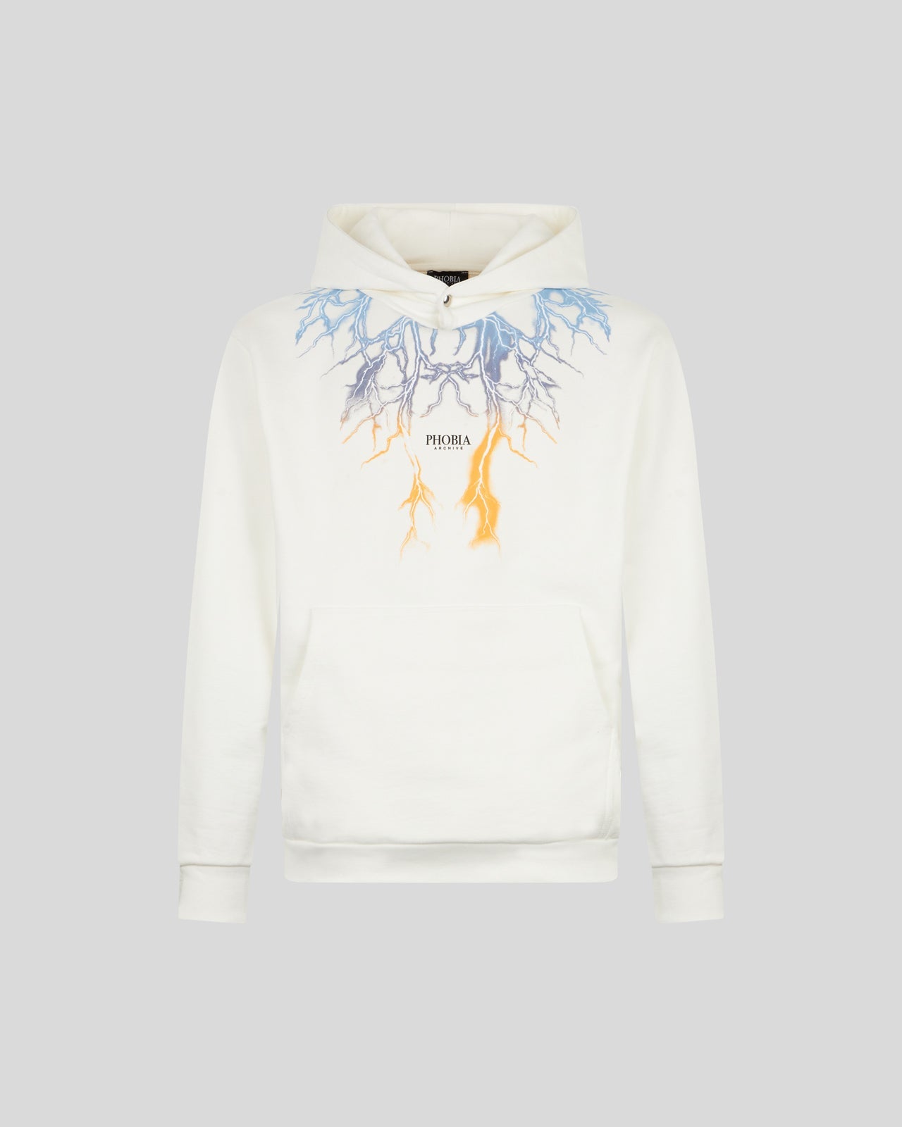 WHITE HOODIE WITH BICOLOR BLUE-YELLOW LIGHTNING PRINT