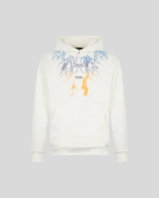 WHITE HOODIE WITH BICOLOR BLUE-YELLOW LIGHTNING PRINT