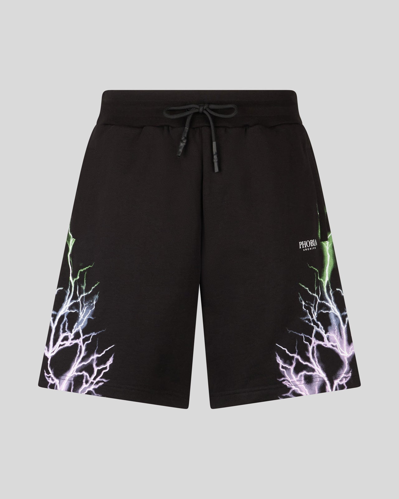 BLACK SHORTS WITH BICOLOR PURPLE-GREEN LIGHTNING PRINT