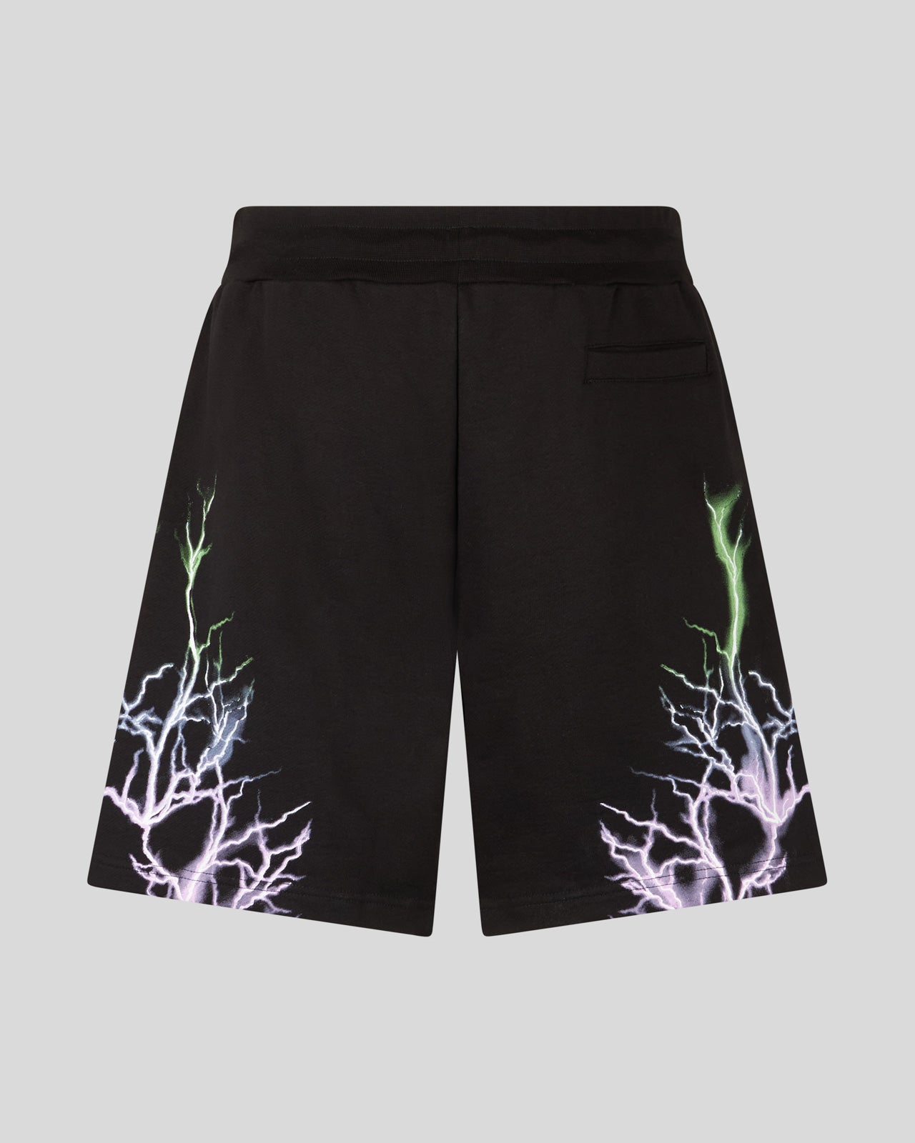 BLACK SHORTS WITH BICOLOR PURPLE-GREEN LIGHTNING PRINT