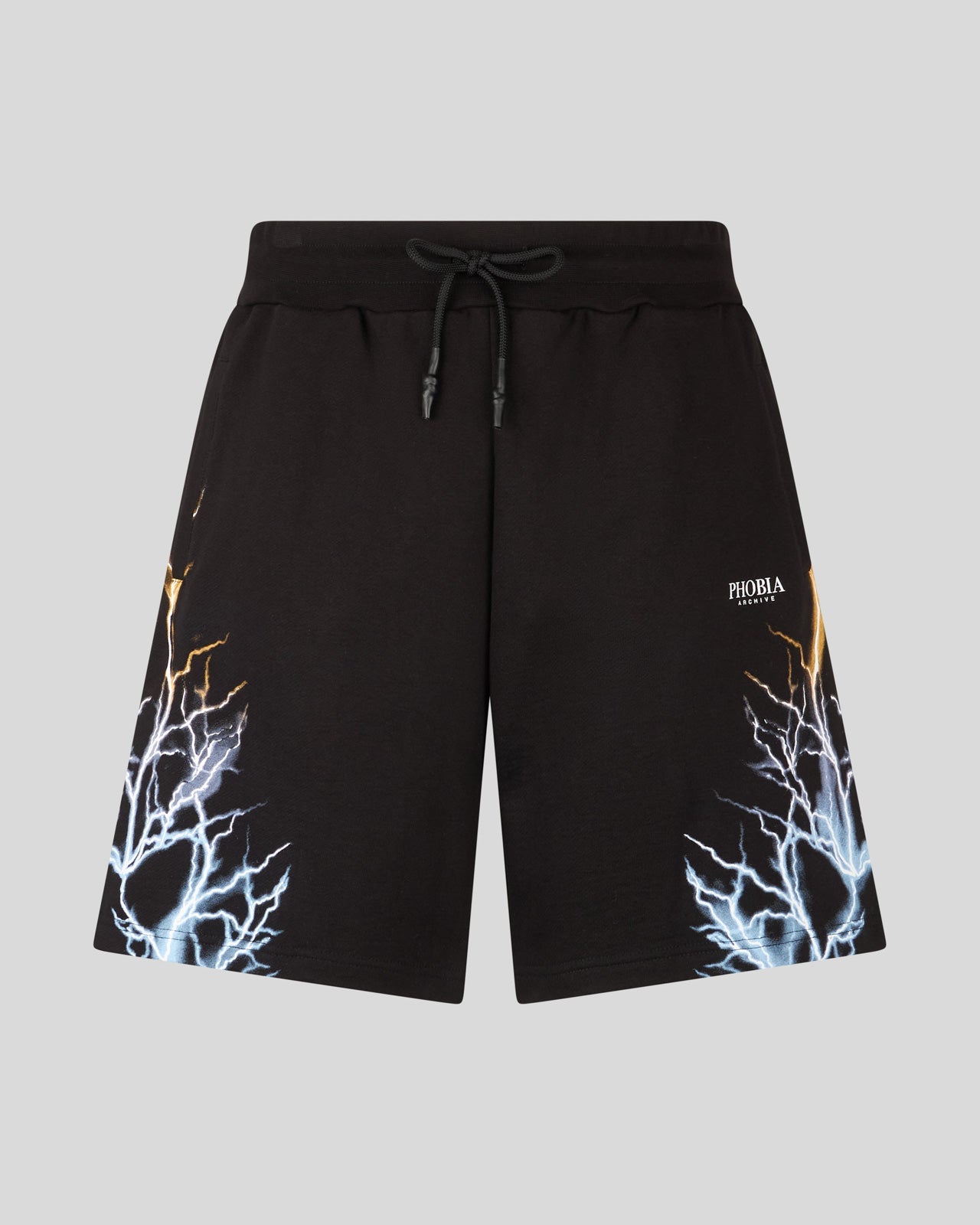 BLACK SHORTS WITH BICOLOR BLUE-YELLOW LIGHTNING PRINT