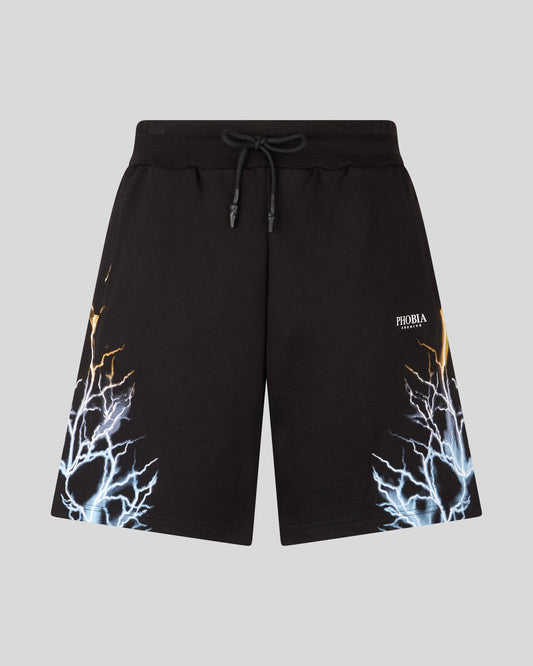BLACK SHORTS WITH BICOLOR BLUE-YELLOW LIGHTNING PRINT