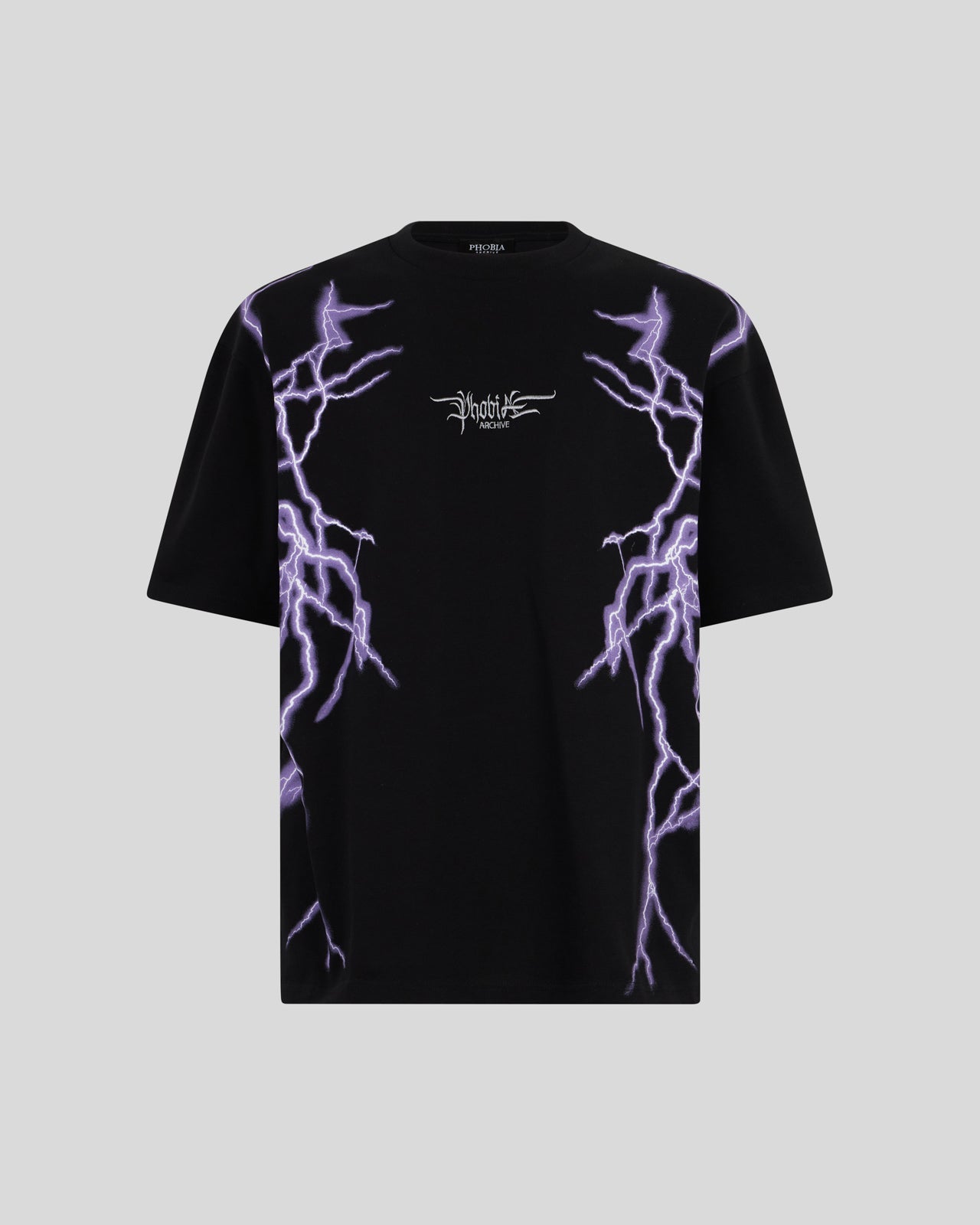 BLACK T-SHIRT WITH LATERAL PURPLE LIGHTNING PRINT AND EMBROIDERY GOTIC LOGO