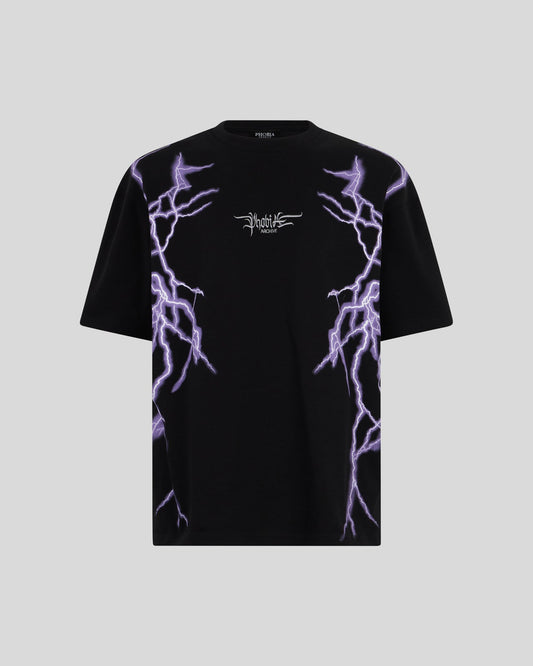 BLACK T-SHIRT WITH LATERAL PURPLE LIGHTNING PRINT AND EMBROIDERY GOTIC LOGO