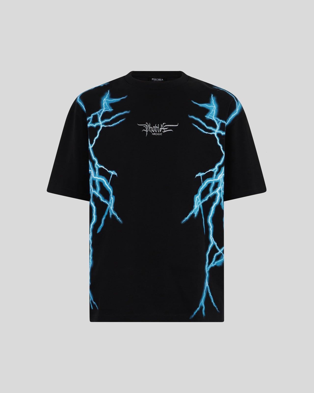 BLACK T-SHIRT WITH LATERAL LIGHT BLUE LIGHTNING PRINT AND EMBROIDERY GOTIC LOGO