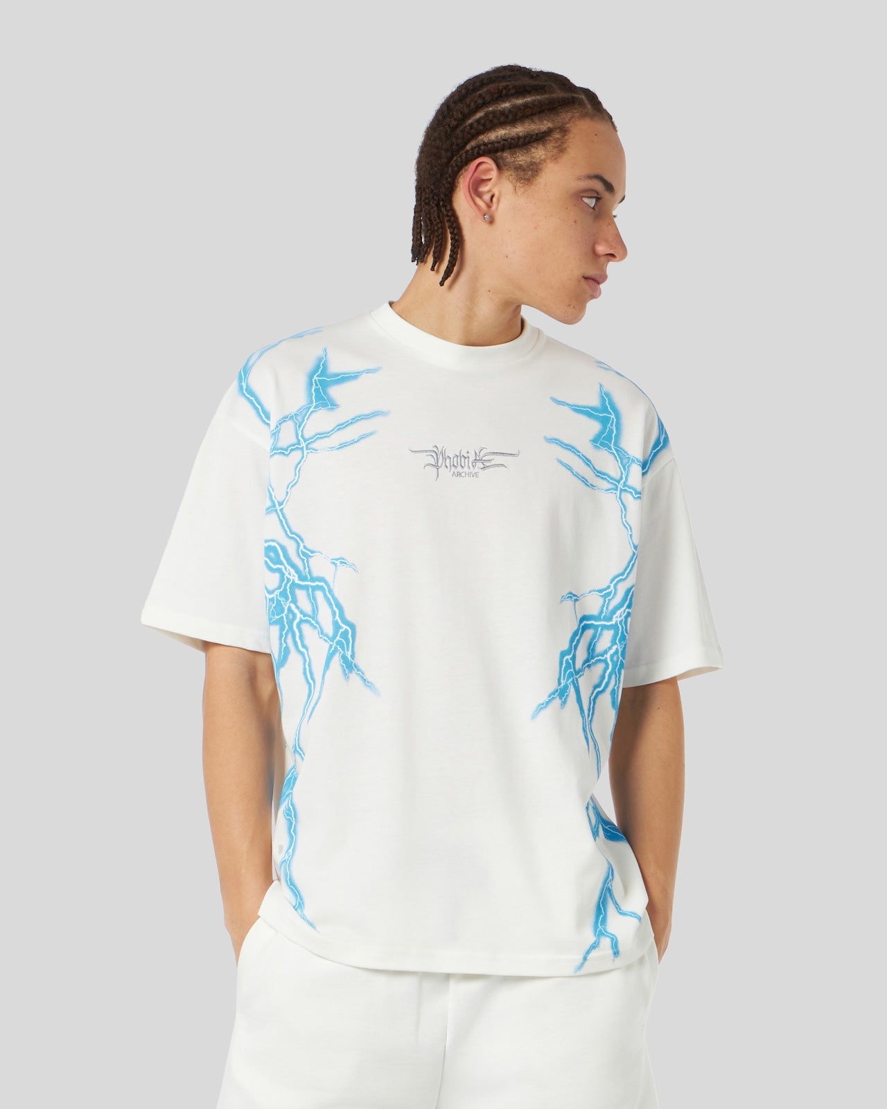 WHITE T-SHIRT WITH LATERAL LIGHT BLUE LIGHTNING PRINT