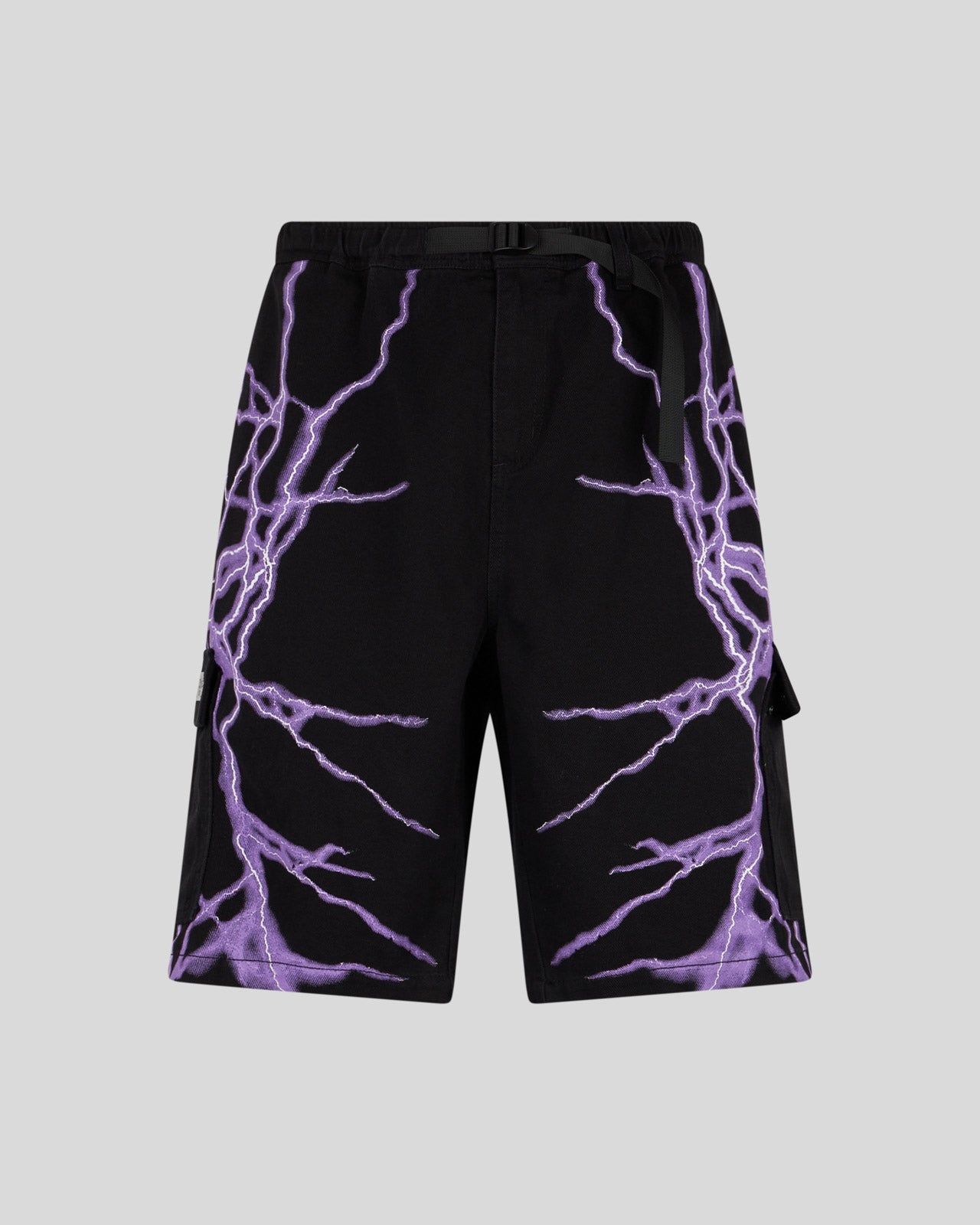 BLACK CARGO SHORTS WITH LATERAL PURPLE LIGHTNING