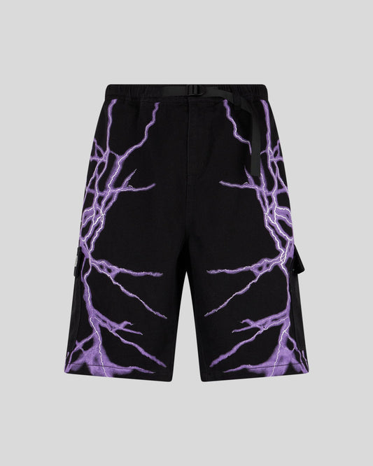 BLACK CARGO SHORTS WITH LATERAL PURPLE LIGHTNING