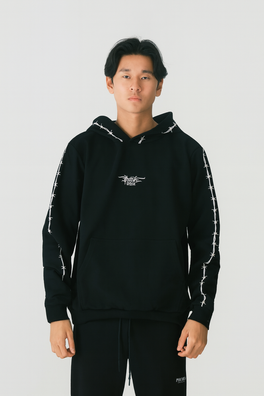 BLACK HOODIE WITH WHITE EMBROIDERED BARBED WIRE AND LOGO